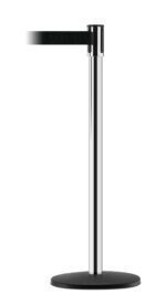 The Vestil Tensabarrier - Indoor showcases a sleek silver post with a black retractable belt against a plain white background.