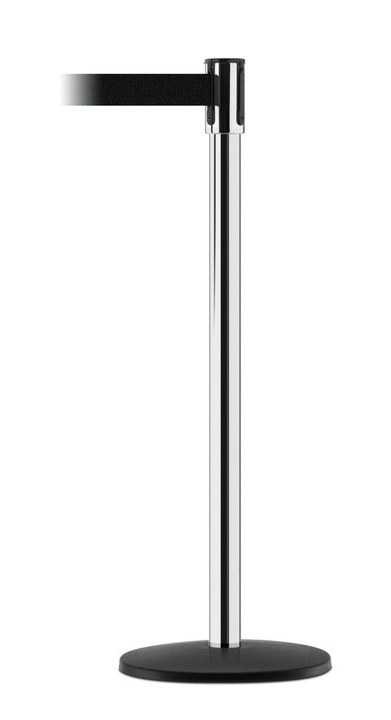 The Vestil Tensabarrier - Indoor showcases a sleek silver post with a black retractable belt against a plain white background.