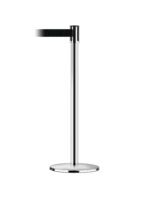 The Vestil Tensabarrier - Post Only is a sleek silver cylindrical metal stanchion with a retractable black belt for crowd control. Its round base ensures stability, making it ideal for efficient queue management.