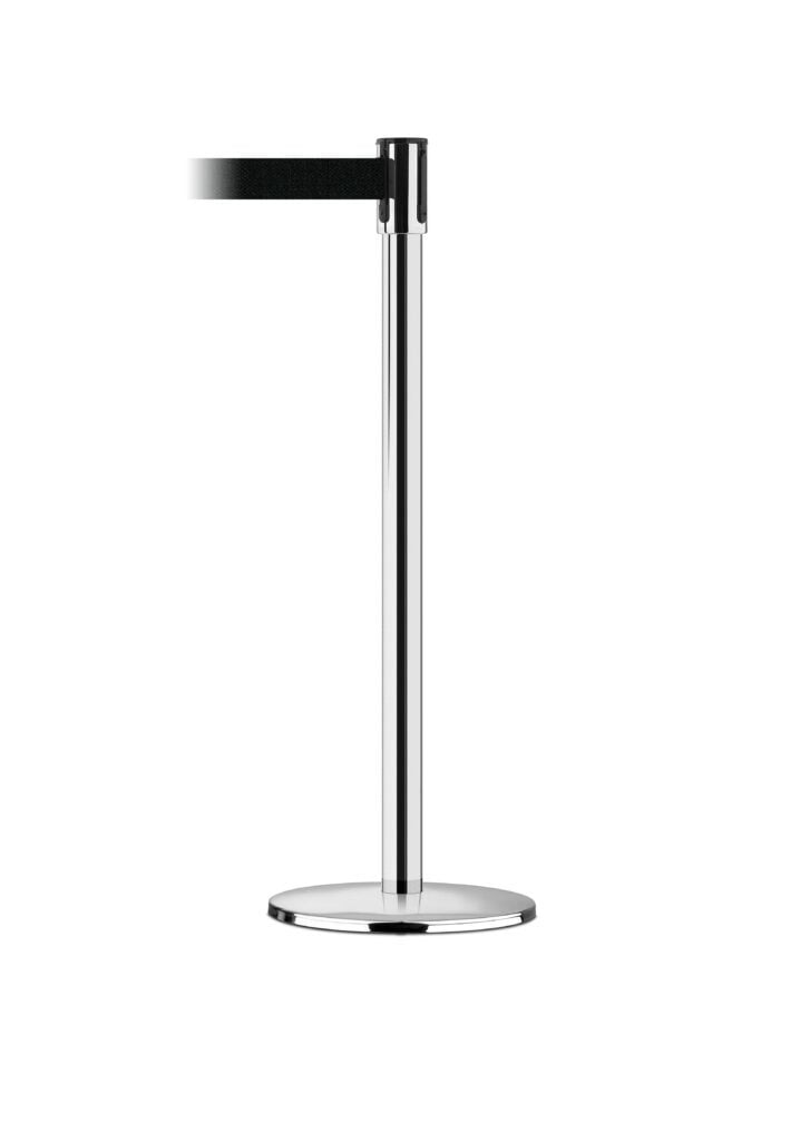 TSB-NBM_A.jpg The Vestil Tensabarrier - Post Only is a sleek silver cylindrical metal stanchion with a retractable black belt for crowd control. Its round base ensures stability, making it ideal for efficient queue management.