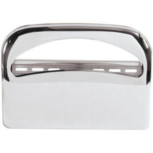 A sleek, chrome-finished bag clutch featuring a curved handle and smooth surface, reminiscent of MH-USAs minimalist, modern look with slotted cutouts for an added flair.