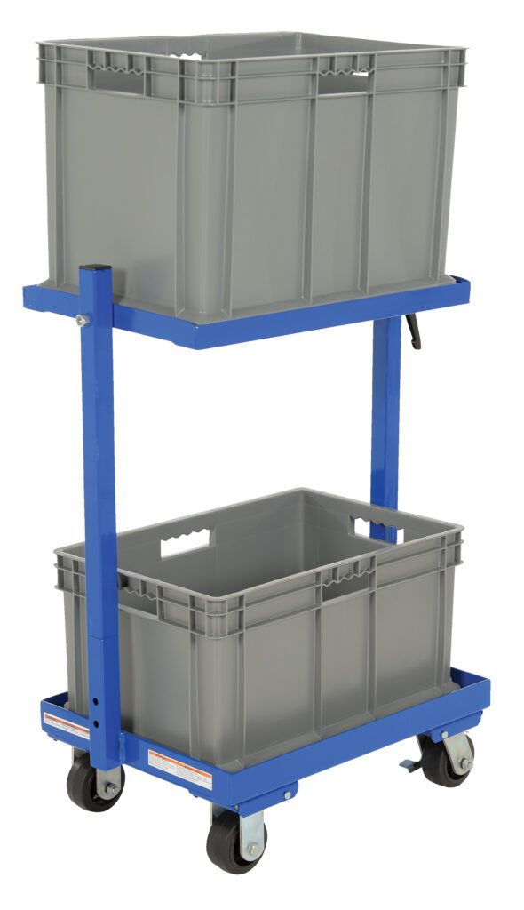 TSCT-2B_A.jpg The Vestil Multi-Tier Cart, a blue metal trolley with two shelves, includes two sturdy gray plastic baskets with handles. It offers exceptional mobility and supports up to 200 lbs, making it ideal for transport or storage.