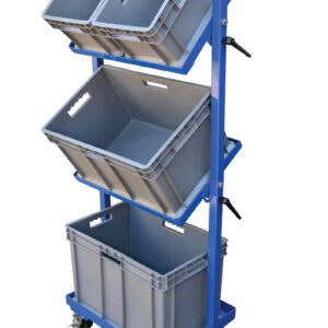 The Vestil Multi-Tier Cart 3 Shelf 3 Basket 300 Lb features a sleek design with three vertical gray bins, each open at the top for easy access, and handles on both sides for easy maneuverability. It supports up to 300 lbs.