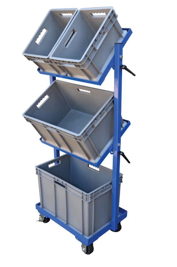 TSCT-3B_A.jpg The Vestil Multi-Tier Cart 3 Shelf 3 Basket 300 Lb features a sleek design with three vertical gray bins, each open at the top for easy access, and handles on both sides for easy maneuverability. It supports up to 300 lbs.