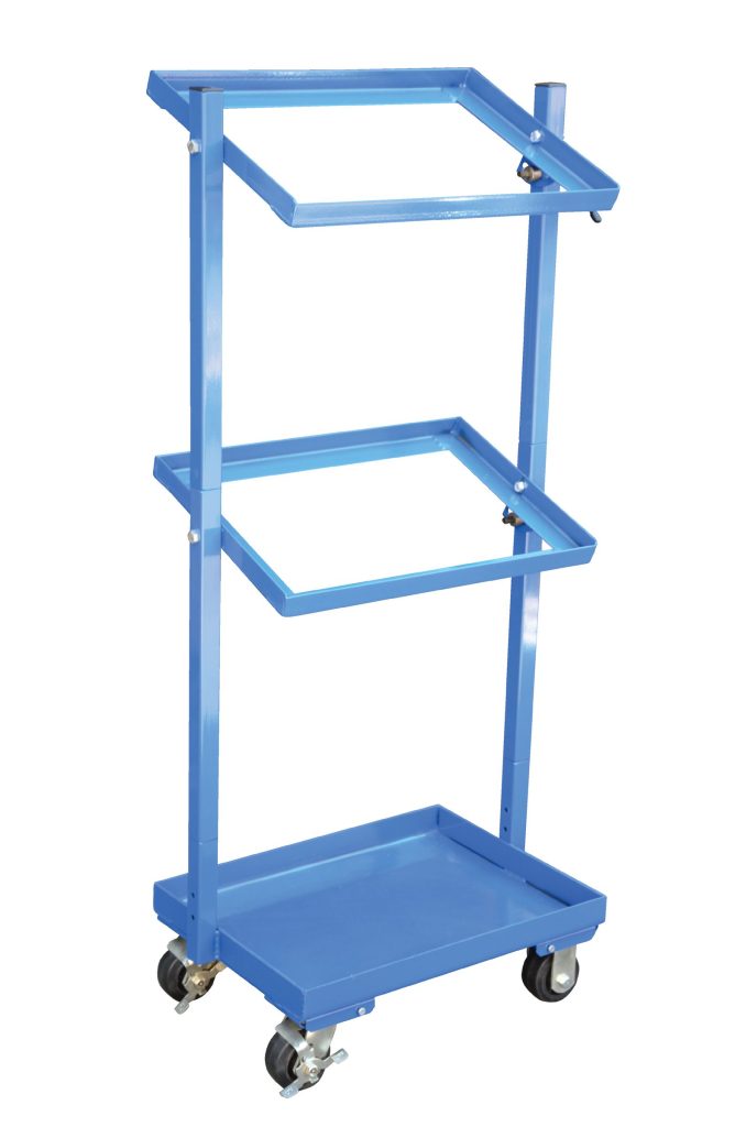 TSCT-3_A.jpg The Vestil Multi-Tier Cart 3 Shelf 300 Lb Capacity comes in blue and has a tall vertical frame with three rectangular shelves. Its ideal for tool organization with its angled, open-framed design, except for the solid bottom tray, and glides smoothly on four caster wheels.