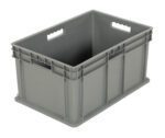 The Vestil Multi-Tier Stack Cart Medium Bin is a durable gray plastic storage crate with two built-in handles on each side, designed for easy stacking and storage. Its reinforced structure ensures durability and compatibility with the Vestil Multi-Tier Stack Cart.