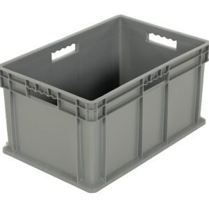 The Vestil Multi-Tier Stack Cart Medium Bin is a durable gray plastic storage crate with two built-in handles on each side, designed for easy stacking and storage. Its reinforced structure ensures durability and compatibility with the Vestil Multi-Tier Stack Cart.