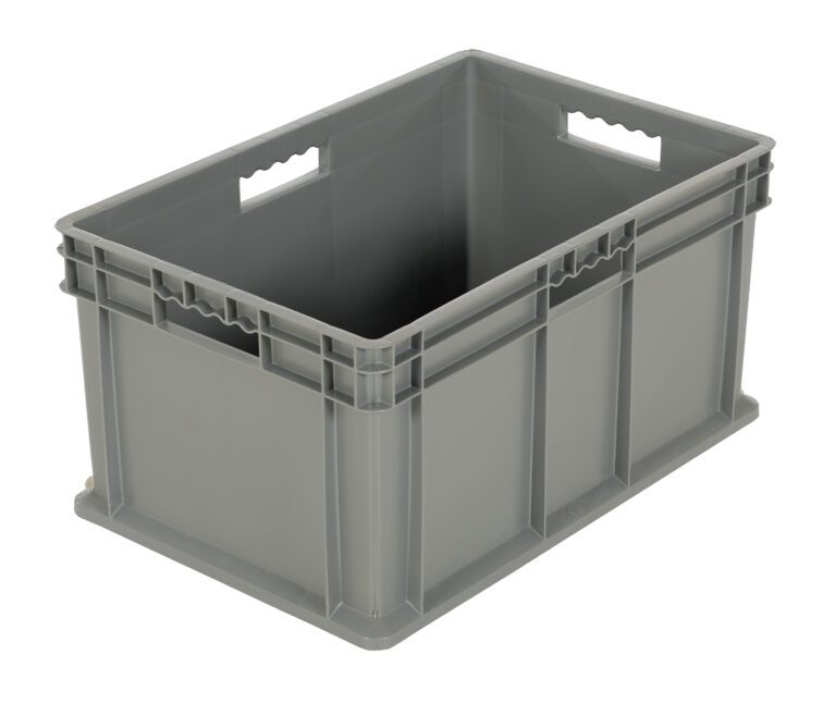 The Vestil Multi-Tier Stack Cart Medium Bin is a durable gray plastic storage crate with two built-in handles on each side, designed for easy stacking and storage. Its reinforced structure ensures durability and compatibility with the Vestil Multi-Tier Stack Cart.