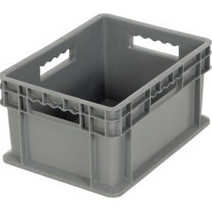 The Vestil Multi-Tier Stack Cart - Small Bin has a gray plastic storage crate with rectangular handle holes on two sides, a solid base, reinforced corners for durability, and a slightly protruding rim at the top for seamless stacking.