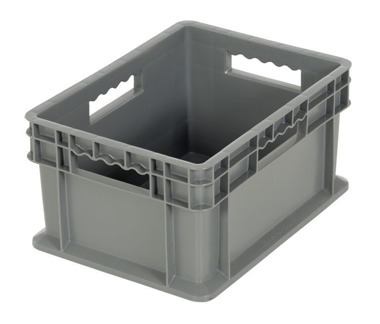 The Vestil Multi-Tier Stack Cart - Small Bin has a gray plastic storage crate with rectangular handle holes on two sides, a solid base, reinforced corners for durability, and a slightly protruding rim at the top for seamless stacking.