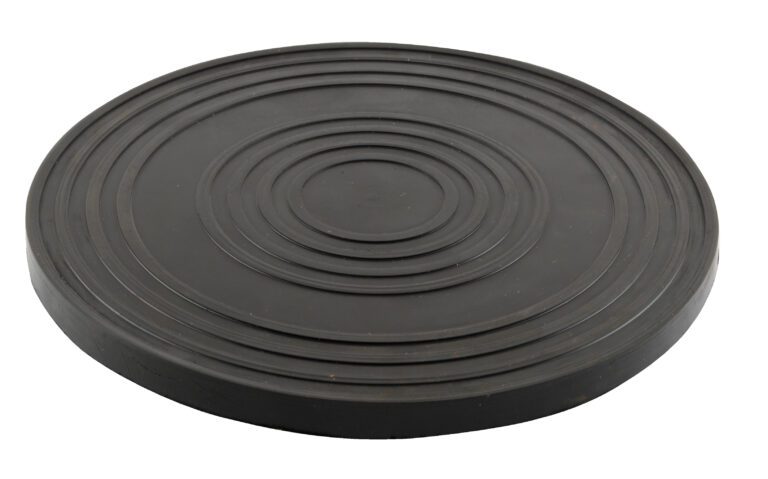 TT-8-7-8_A.jpg The black, round anti-vibration pad, similar to the Vestil Turntable 8 In Diameter 0.75 In H 500 Lb, with concentric circle grooves, supports up to 500 lbs and offers both functionality and durability.