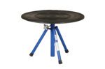 The Vestil Turntable 30 In Dia 21 To 32 In H 2 Tier features a black top, three blue metal legs with rubber tips, adjustable height from 21 to 32 inches, and a silver locking mechanism for stability. Perfect for versatile use.
