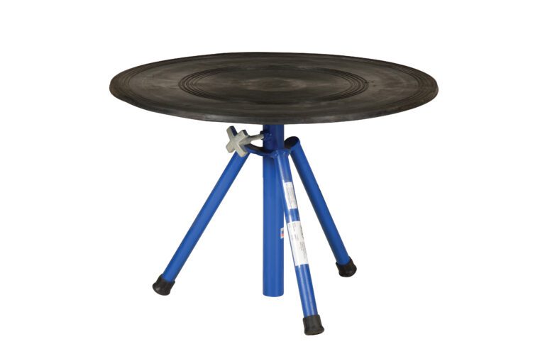 The Vestil Turntable 30 In Dia 21 To 32 In H 2 Tier features a black top, three blue metal legs with rubber tips, adjustable height from 21 to 32 inches, and a silver locking mechanism for stability. Perfect for versatile use.