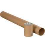 The 2 x 36 Kraft Premium Telescoping Tubes are long, cylindrical, and feature one open end with a metal cap. A smaller matching cap accompanies them. Each case includes 25 versatile mailing tubes.
