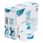 The Angel Soft® Bathroom Tissue Dispenser Pack (40 Rolls/Case) includes individually wrapped 2-ply rolls with sleek blue and white packaging, featuring one standing and one unwrapped roll, highlighting 134 sheets per roll.