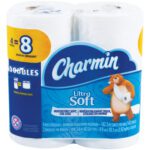 The Charmin® 2-Ply Bathroom Tissue (24 Rolls/Case) offers Ultra Soft double rolls, each equal to four regular ones, with blue packaging featuring a cartoon bear. Ideal for households, it delivers comfort and quality for your bathroom needs.