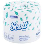 Scott® Surpass® 2-Ply Bathroom Tissue, featuring 605 sheets per roll and a green leaf pattern packaging, is labeled with Kimberly-Clark Professional and the EcoLogo, making it a perfect eco-friendly option.