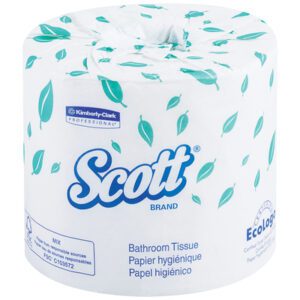 Scott® Surpass® 2-Ply Bathroom Tissue, featuring 605 sheets per roll and a green leaf pattern packaging, is labeled with Kimberly-Clark Professional and the EcoLogo, making it a perfect eco-friendly option.
