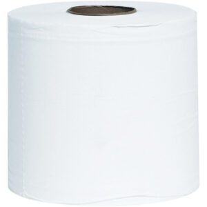 The Bedford 2-Ply Center Pull Towels (6 Rolls/Case) are presented on a plain backdrop, highlighting the large rolls of white towels with their distinct visible brown cardboard centers.