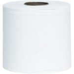 A large, industrial-sized white toilet paper roll with a visible cardboard core is shown against a plain white background, echoing the Scott® 2-Ply Center Pull Towels (4 Rolls/Case) design.