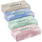 Four boxes of Magic Soft 2-Ply Facial Tissue come in beige, blue, green, and pink with a feather design. Arranged diagonally, these tissues offer softness and reliability as part of the 30 Packs/Case collection.