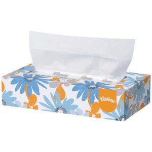 The Kleenex® 2-Ply Facial Tissue box, featuring an open tissue and a floral design of blue and orange flowers on a white background, is available in convenient packs of 48 per case.