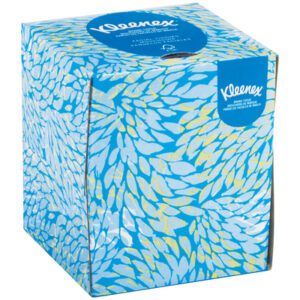 The Kleenex® Boutique® 2-Ply Facial Tissue box, part of a 36-pack case, features a blue and white leaf design with the Kleenex logo prominently displayed in white on a blue background, combining functionality with elegance.