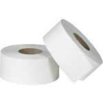 Two large rolls of the 3.31 x 1500 Bedford 2-Ply Jumbo Bathroom Tissue (6 Rolls/Case) are shown on a plain background, one standing upright and the other tilted against it, highlighting the centered cardboard core and showcasing their quality and reliability.