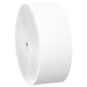 A single roll from the Scott® 1-Ply Jumbo Coreless Bathroom Tissue (12 Rolls/Case) is displayed against a plain backdrop, featuring a discrete central hole.