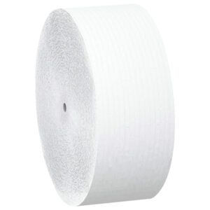 A side-view of a large roll of white bubble wrap, with its textured surface and central hole, resembles Scott® 2-Ply Coreless Bathroom Tissue (36 Rolls/Case).