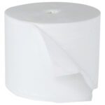 A roll of Scott® Essential™ 2-Ply Coreless Bathroom Tissue from a 36 Rolls/Case pack, with several sheets unrolled, highlighting its soft texture.
