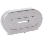 The MH-USA Twin Jumbo Bathroom Tissue Dispenser - Steel features an oval-shaped stainless steel design, a lock on top, and a central horizontal viewing window to check paper levels.