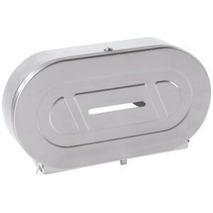 The MH-USA Twin Jumbo Bathroom Tissue Dispenser - Steel features an oval-shaped stainless steel design, a lock on top, and a central horizontal viewing window to check paper levels.