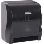 The Kimberly-Clark® Lev-R-Matic® Roll Towel Dispenser (13W x 14H x 10D) in black boasts a sleek, curved design with a clear vertical window to monitor paper and a dispensing slot at the bottom, while featuring the brand name prominently on its front.
