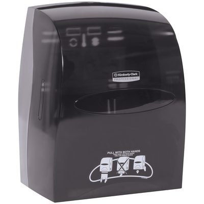 TTD122.jpg The glossy black Kimberly-Clark® Hands-Free 8 Roll Towel Dispenser (16W x 13H x 10D) has a front slot for easy access and clear graphics showing how to use both hands to pull towels, with its shiny surface elegantly reflecting light.