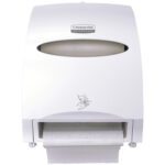 The Kimberly-Clark® Automatic Paper Towel Dispenser in white, dimensions 16W x 13H x 10D, has an oval window for towel level monitoring and a hand icon at the pull area. The brand reads Kimberly-Clark Professional.