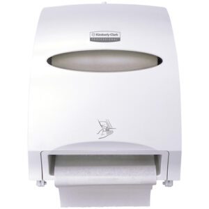 The Kimberly-Clark® Automatic Paper Towel Dispenser in white, dimensions 16W x 13H x 10D, has an oval window for towel level monitoring and a hand icon at the pull area. The brand reads Kimberly-Clark Professional.