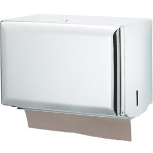 The MH-USA Single Fold Hand Towel Dispenser, sized 10-1/2W x 7-1/2H x 6D, boasts a sleek stainless steel wall-mounted design with a reflective surface and rectangular shape, featuring a brown paper towel partially protruding from the bottom slot.
