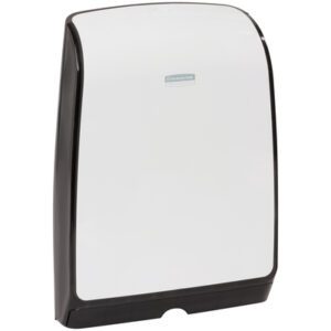 The Scott® Slimfold™ Towel Dispenser (10W x 14H x 3D) is a white and black wall-mounted unit with a sleek, rounded design and a discreet label on the front panel.
