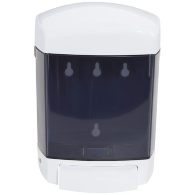 TTD137.jpg The MH-USA Manual Liquid Soap Dispenser is wall-mounted, white and gray, with a translucent front for easy content monitoring. It features a bottom push lever for effortless soap access.