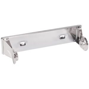 The MH-USA Chrome Perforated Roll Towel Dispenser, wall-mounted, complements a stainless steel door stopper with sleek designs and shiny finishes. The stopper features mounting holes on its flat section for easy installation.