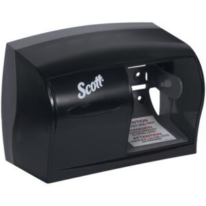 A black Scott paper towel dispenser with a clear panel for monitoring supply is wall-mounted, beside the compact Scott® Coreless Bathroom Tissue Dispenser (11W x 8H x 6D) known for its efficient and accessible design.