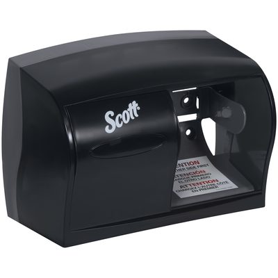 TTD145.jpg A black Scott paper towel dispenser with a clear panel for monitoring supply is wall-mounted, beside the compact Scott® Coreless Bathroom Tissue Dispenser (11W x 8H x 6D) known for its efficient and accessible design.