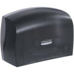 The Kimberly-Clark Professional paper towel dispenser in black, featuring a sleek, curved design, emulates the elegance of the Scott® Jumbo Coreless Bathroom Tissue Dispenser. It has a transparent window for easy supply checks and displays a front logo.
