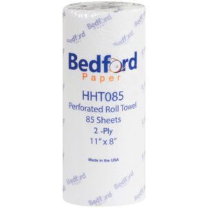 The Bedford 2-Ply Paper Towels (30 Rolls/Case), labeled HHT085 Perforated Roll Towel, 85 Sheets, 11 x 8, comes in white packaging with blue and gray text. Its proudly Made in the USA and offers a convenient pack to easily stock up.