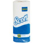 Scott® 1-Ply Paper Towels (30 Rolls/Case) feature sleek white and blue packaging labeled 128 regular sheets, offering durable and convenient supply with Mega Rolls.
