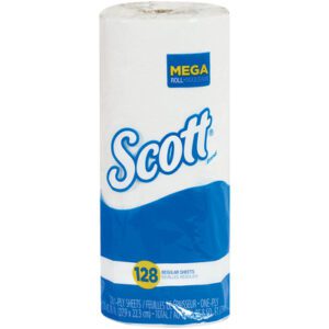Scott® 1-Ply Paper Towels (30 Rolls/Case) feature sleek white and blue packaging labeled 128 regular sheets, offering durable and convenient supply with Mega Rolls.