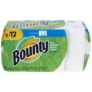 The Bounty® Select-A-Size Paper Towels (8 Rolls/Case) feature 8=12 on green packaging, showcase the iconic logo, and highlight the slogan The Quicker Picker Upper, with visible ultra-absorbent rolls.
