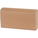 A light brown, rectangular yoga block with rounded edges and a smooth finish similar to Bedford Kraft Multi-Fold Towels is designed for supporting yoga poses. It has a sleek surface and is positioned against a plain white background.