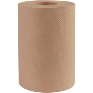 The 8 x 350 Bedford Kraft Hard Wound Roll Towels (12 Rolls/Case) has a textured surface and stands upright with a hollow center.